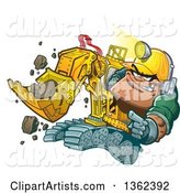 Cartoon White Male Backhoe Operator Construction Worker Wearing a Helmet Lamp