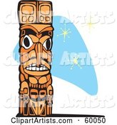 Carved Wooden Totem Pole on a Blue Retro Star Background