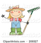 Caucasian Farmer Girl Holding a Rake and Waving