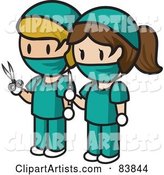 Caucasian Mini Person Surgeon Man and Woman in Scrubs, Holding Scissors and a Scalpel