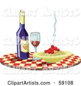 Checkered Table with Wine and Spaghetti