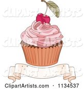 Cherry Topped Cupcake over a Blank Ribbon Banner