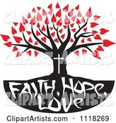 Christian Family Tree with Faith Hope Love Text and Red Heart Leaves