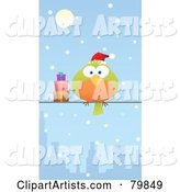 Chubby Green and Orange Christmas Bird Wearing a Santa Hat and Perched by Gifts on a City Wire in the Snow
