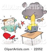 Clipart Illustration of a Surprised Man Leaping Back from His Exploding and Smoking Laptop Computer