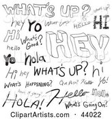 Collage of Spanish and English Greeting Doodles on White
