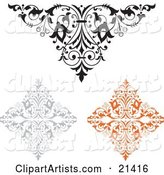 Collection of Three Ornamental Elements, One Black and White, One Gray and One Orange