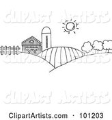 Coloring Page Outline of Rolling Hills, a Farm and Silo on Farm Land