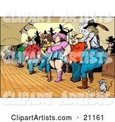 Crowd of Country Folk, Men and Women, Line Dancing in a Bar with a Mouse
