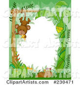 Cute Animal Border of a Hanging Monkey in the Jungle Around White Space