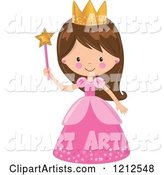 Cute Brunette Princess Girl in a Pink Dress, Holding a Wand