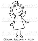 Cute Flying Female Stick Angel with a Halo and Curly Hair