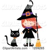 Cute Halloween Witch with a Broom and Black Cat