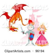 Cute Knight Protecting a Princess from a Mean Dragon near a Castle