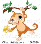 Cute Monkey Hanging from a Branch with a Banana in Hand