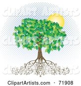 Deeply Rooted Mature Tree with Blue Halftone Dots and a Sun