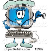Desktop Computer Mascot Cartoon Character Doctor Holding a Stethoscope