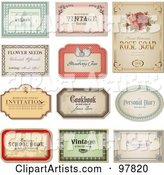 Digital Collage of 11 Vintage Label Designs in Different Shapes with Sample Text