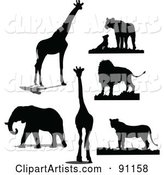 Digital Collage of Black Giraffe, Lion and Elephant Silhouettes