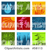 Digital Collage of Colorful Rain, Tornado, Fire, Heat, Lightning, Tsunami, Volcano, Flood and Earthquake Icons