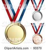 Digital Collage of Gold, Bronze and Silver Medal Award on a Red, White and Blue Ribbon