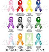 Digital Collage of Pink, Red, Yellow, Blue, Purple, Black, Gray, Green, Gradient, Orange, White and Teal Awareness Ribbons with Labels