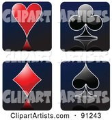 Digital Collage of Red and Black Playing Card Heart, Club, Diamond and Spade Suit Symbols