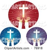 Digital Collage of Red, Blue and Green Circles of Hands Reaching for Crosses