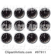 Digital Collage of Shiny Black Office Wall Clocks at Different Times
