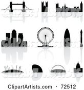 Digital Collage of Silhouetted London Landmarks with Reflections