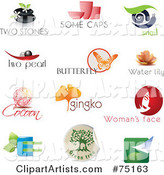 Digital Collage of Spa, Pottery, Snail, Pearl, Butterfly, Lotus, Cocoon, Ginkgo, Beauty and Eco Logo Icons