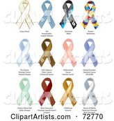 Digital Collage of White, Striped, Wave, Autism, Blue, Brown, Pink, Blue, Green, Red, Gold and White Awareness Ribbons with Labels