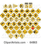 Digital Collage of Yellow Caution Traffic Signs on White