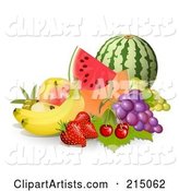 Display of Fruit; Watermelon, Cantaloupe, Apple, Grapes, Cherries, Strawberries and Bannas