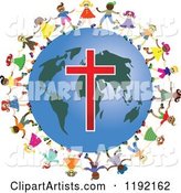 Diverse Christian Kids Holding Hands Around a Globe with a Cross