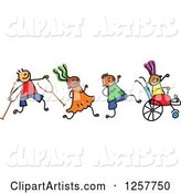 Diverse Group of Disabled Stick Children Running and Playing