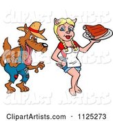 Drooling Hillbilly Wolf and Pig Waitress Serving Bbq Ribs