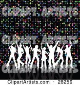 Eight White Silhouetted Dancers with Their Arms in the Air, Disco Dancing over a Colorful Circle Background on Black