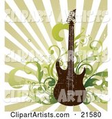 Electric Guitar with Music Notes and Radio Speakers over a Grunge Background