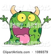 Excited Green Speckled Monster Holding up Its Arms