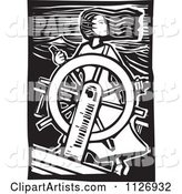 Female Pirate at the Helm Black and White Woodcut