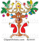 Festive Christmas Reindeer Wearing a Red Jackt and Ornaments on His Antlers