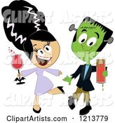 Frankenstein and His Bride Holding Drinks and Dancing at a Halloween Party