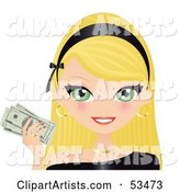 Friendly Blond Woman Wearing a Black Headband and Holding up Cash