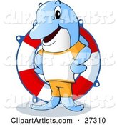 Friendly Blue Dolphin Life Guard Standing in Front of a Life Saver Ring