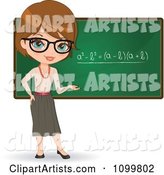 Friendly Brunette Female Math Teacher with Glasses Presenting a Chalkboard