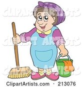 Friendly Cleaning Lady with a Bucket and Broom