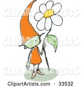 Friendly Green Gnome Wearing an Orange Dress and a Tall Pointy Hat, Holding a White Daisy Flower