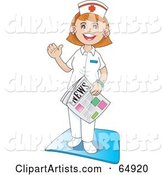 Friendly Hospital Nurse Waving and Standing with a Newspaper