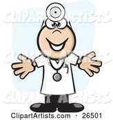 Friendly Male Doctor Wearing a Head Lamp, Stethoscope and Lab Coat, Holding His Arms out